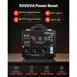 voltage auto converter transformer, 5000va, heavy duty step up/down power transformer, 110v to 220v and 220v to 110v, with 3 us outlets, 3 eu outlets, lcd display, circuit breaker protection