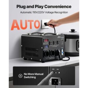 voltage auto converter transformer, 6000va, heavy duty step up/down power transformer, 110v to 220v and 220v to 110v, with 3 us outlets, 3 eu outlets, lcd display, circuit breaker protection