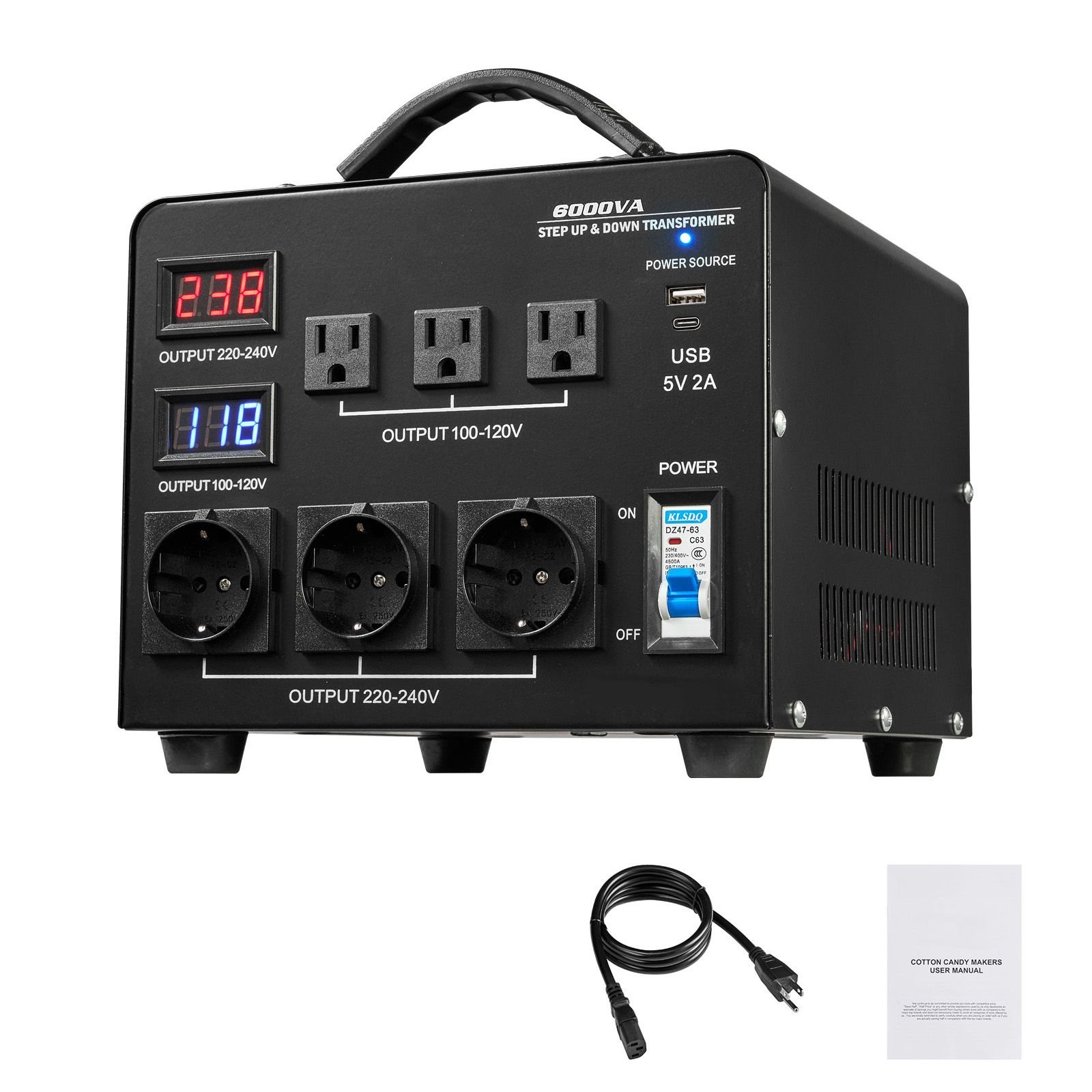 voltage auto converter transformer, 6000va, heavy duty step up/down power transformer, 110v to 220v and 220v to 110v, with 3 us outlets, 3 eu outlets, lcd display, circuit breaker protection