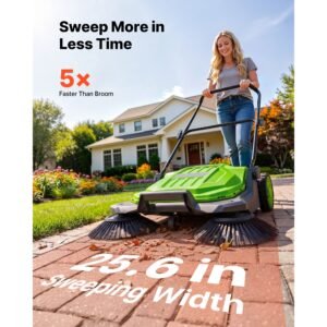walk behind hand push floor sweeper, manual floor sweeper non electric with 25.6" sweeping width, 5 gallons waste container & adjustable folding handle for yards walkways patios garages green