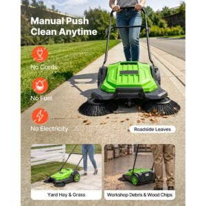 walk behind hand push floor sweeper, manual floor sweeper non electric with 25.6" sweeping width, 5 gallons waste container & adjustable folding handle for yards walkways patios garages green