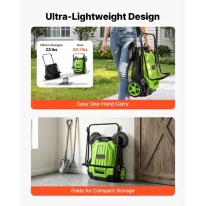 walk behind hand push floor sweeper, manual floor sweeper non electric with 25.6" sweeping width, 5 gallons waste container & adjustable folding handle for yards walkways patios garages green