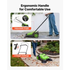 walk behind hand push floor sweeper, manual floor sweeper non electric with 25.6" sweeping width, 5 gallons waste container & adjustable folding handle for yards walkways patios garages green