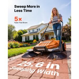 walk behind hand push floor sweeper, manual floor sweeper non electric with 25.6" sweeping width, 5 gallons waste container & adjustable folding handle for yards walkways patios garages orange