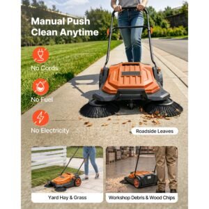 walk behind hand push floor sweeper, manual floor sweeper non electric with 25.6" sweeping width, 5 gallons waste container & adjustable folding handle for yards walkways patios garages orange