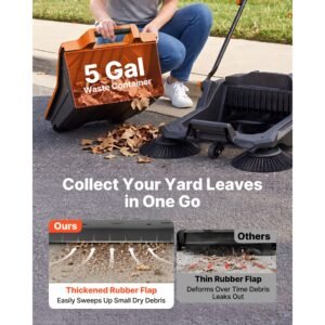 walk behind hand push floor sweeper, manual floor sweeper non electric with 25.6" sweeping width, 5 gallons waste container & adjustable folding handle for yards walkways patios garages orange
