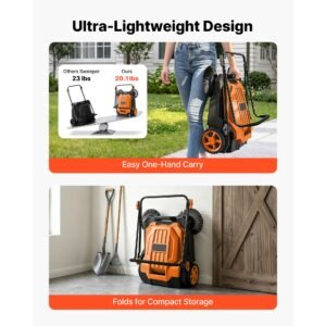 walk behind hand push floor sweeper, manual floor sweeper non electric with 25.6" sweeping width, 5 gallons waste container & adjustable folding handle for yards walkways patios garages orange