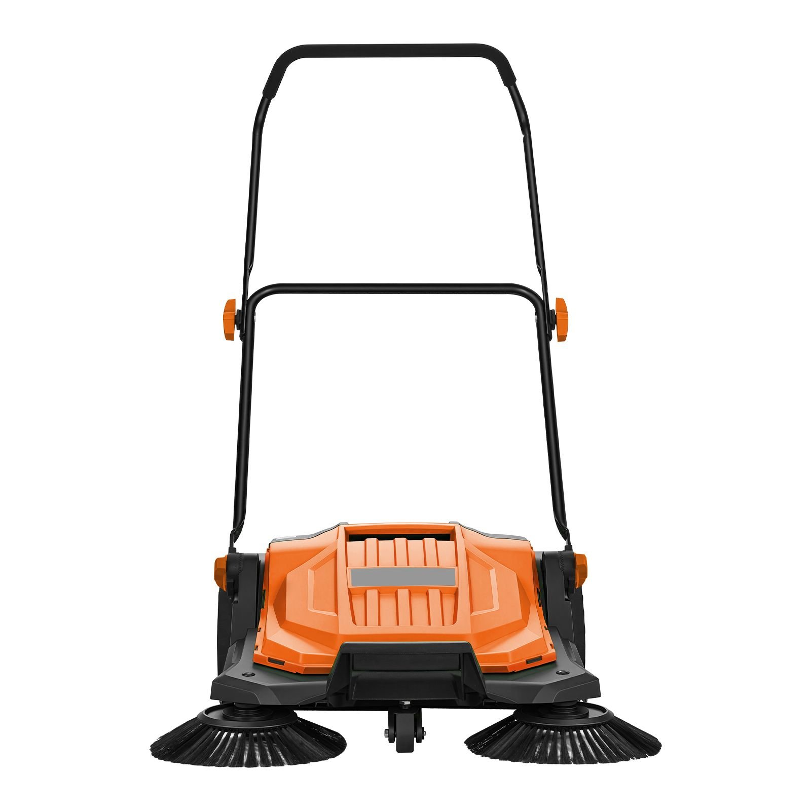 walk behind hand push floor sweeper, manual floor sweeper non electric with 25.6" sweeping width, 5 gallons waste container & adjustable folding handle for yards walkways patios garages orange