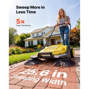 walk behind hand push floor sweeper, manual floor sweeper non electric with 25.6" sweeping width, 5 gallons waste container & adjustable folding handle for yards walkways patios garages yellow
