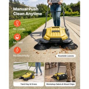 walk behind hand push floor sweeper, manual floor sweeper non electric with 25.6" sweeping width, 5 gallons waste container & adjustable folding handle for yards walkways patios garages yellow