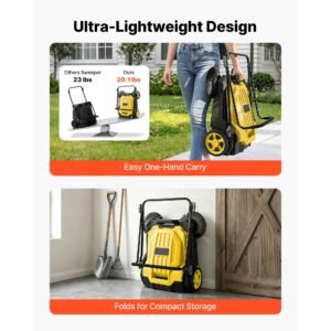 walk behind hand push floor sweeper, manual floor sweeper non electric with 25.6" sweeping width, 5 gallons waste container & adjustable folding handle for yards walkways patios garages yellow