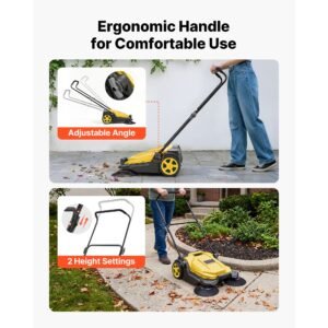 walk behind hand push floor sweeper, manual floor sweeper non electric with 25.6" sweeping width, 5 gallons waste container & adjustable folding handle for yards walkways patios garages yellow