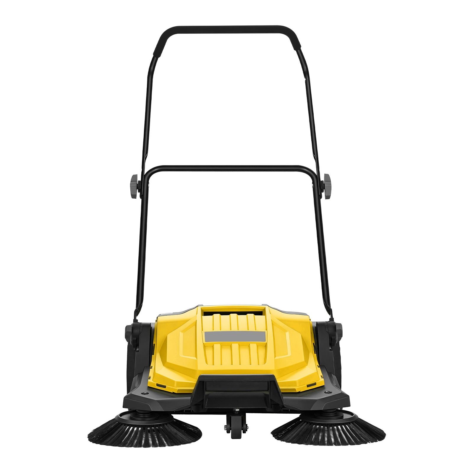 walk behind hand push floor sweeper, manual floor sweeper non electric with 25.6" sweeping width, 5 gallons waste container & adjustable folding handle for yards walkways patios garages yellow