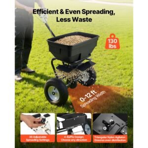 walk behind spreader, 12ft spreading width, push broadcast spreader with 13" all terrain tires, adjustable flow control, 130lbs capacity hopper, lawn spreaders for fertilizer seed ice melt