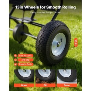 walk behind spreader, 12ft spreading width, push broadcast spreader with 13" all terrain tires, adjustable flow control, 130lbs capacity hopper, lawn spreaders for fertilizer seed ice melt