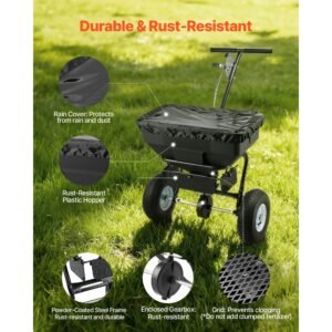 walk behind spreader, 12ft spreading width, push broadcast spreader with 13" all terrain tires, adjustable flow control, 130lbs capacity hopper, lawn spreaders for fertilizer seed ice melt