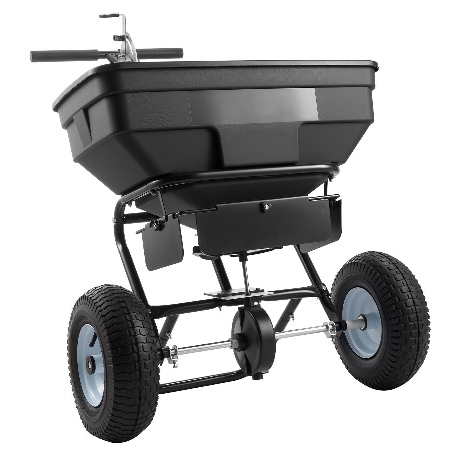walk behind spreader, 12ft spreading width, push broadcast spreader with 13" all terrain tires, adjustable flow control, 130lbs capacity hopper, lawn spreaders for fertilizer seed ice melt