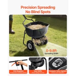 walk behind spreader, 60lbs capacity, push spreader with hopper grate, 0 9.8 ft spreading width, 8 in all terrain pneumatic tires, garden & lawn broadcast spreaders, for seed, fertilizer