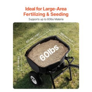 walk behind spreader, 60lbs capacity, push spreader with hopper grate, 0 9.8 ft spreading width, 8 in all terrain pneumatic tires, garden & lawn broadcast spreaders, for seed, fertilizer