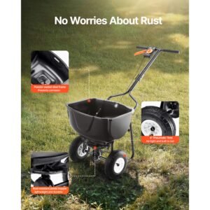 walk behind spreader, 60lbs capacity, push spreader with hopper grate, 0 9.8 ft spreading width, 8 in all terrain pneumatic tires, garden & lawn broadcast spreaders, for seed, fertilizer