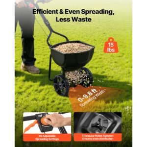 walk behind spreader, 9.8ft spreading width, push broadcast spreader with 10" all terrain tires, adjustable flow control, 15lbs capacity hopper, lawn spreaders for fertilizer seed small home use