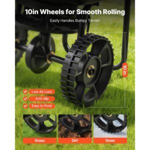 walk behind spreader, 9.8ft spreading width, push broadcast spreader with 10" all terrain tires, adjustable flow control, 15lbs capacity hopper, lawn spreaders for fertilizer seed small home use