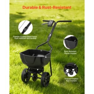 walk behind spreader, 9.8ft spreading width, push broadcast spreader with 10" all terrain tires, adjustable flow control, 15lbs capacity hopper, lawn spreaders for fertilizer seed small home use
