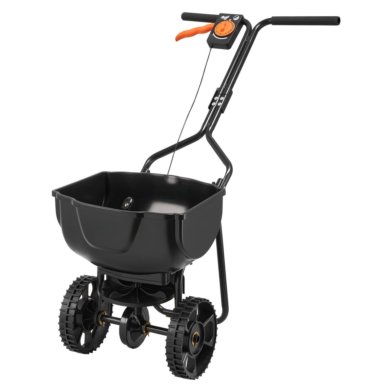 walk behind spreader, 9.8ft spreading width, push broadcast spreader with 10" all terrain tires, adjustable flow control, 15lbs capacity hopper, lawn spreaders for fertilizer seed small home use