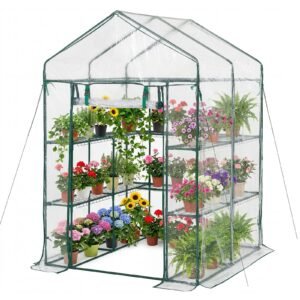 Walk-in Green House, 54 x 54 x 77.2 in, Greenhouse with Shelves, High Strength PE Cover with Zipper Door and Steel Frame, Assembly in Minutes, Suitable for Planting and Storage