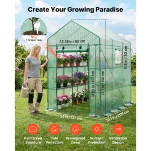 walk in green house, 54 x 81.1 x 77.2 in, greenhouse with shelves, high strength pe cover with zipper door and steel frame, assembly in minutes, suitable for planting and storage