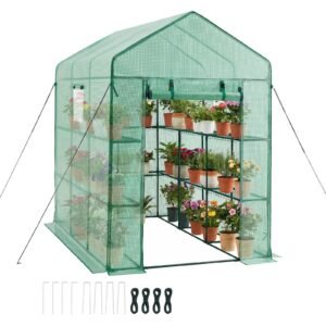 Walk-in Green House, 54 x 81.1 x 77.2 in, Greenhouse with Shelves, High Strength PE Cover with Zipper Door and Steel Frame, Assembly in Minutes, Suitable for Planting and Storage