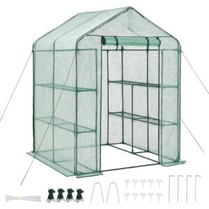 Walk-in Greenhouse, 55.5" x 56.1" x 78.7" Greenhouse for Outdoors with PE Cover, 2 Tiers 8 Shelves, Roll-Up Zipper Door, Walk in Green House, Portable Plant Garden Hot House for Backyard Outside