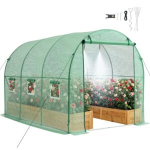 Walk-in Tunnel Greenhouse, 10 x 7 x 7 ft Hoop House Greenhouse Tunnel, Plant Hot House with 4 Nozzles, 26.25 ft Hose, Steel Frame, PE Cover, Roll-up Zipper Door and 6 Windows for Outdoors, Green
