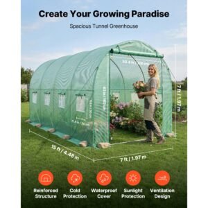 walk in tunnel greenhouse, 15 x 7 x 7 ft hoop house greenhouse tunnel with watering system, plant hot house with steel frame, pe cover, roll up zipper door and 8 windows for outdoors, green