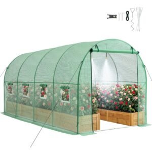 Walk-in Tunnel Greenhouse, 15 x 7 x 7 ft Hoop House Greenhouse Tunnel with Watering System, Plant Hot House with Steel Frame, PE Cover, Roll-Up Zipper Door and 8 Windows for Outdoors, Green