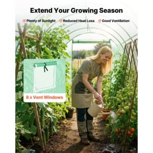 walk in tunnel greenhouse, 15 x 7 x 7 ft hoop house greenhouse tunnel with watering system, plant hot house with steel frame, pe cover, roll up zipper door and 8 windows for outdoors, green