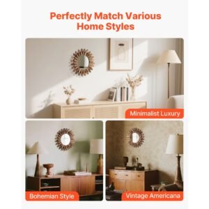 wall mirror decorative, 12 inch rustic wood wall decor mirror, boho sunburst aesthetic mirrors for bedroom living room bathroom entryway warming gifts for new home (carbonized black)