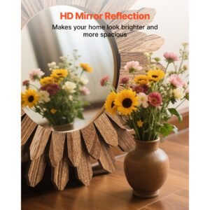 wall mirror decorative, 12 inch rustic wood wall decor mirror, boho sunburst aesthetic mirrors for bedroom living room bathroom entryway warming gifts for new home (carbonized black)
