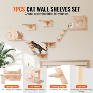 wall mounted cat shelves, cat wall shelves and perches with jumping boards, cat beds, hammocks & cat tree, cat furniture and shelves up to 40 lbs for sleeping, playing, climbing, set of 7