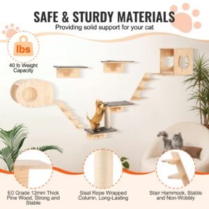 wall mounted cat shelves, cat wall shelves and perches with jumping boards, cat beds, hammocks & cat tree, cat furniture and shelves up to 40 lbs for sleeping, playing, climbing, set of 7
