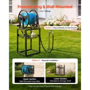 wall mounted garden hose reel, holds 200 feet of 5/8 inch hose, outdoor heavy duty waterhose holder winder, with brass connector, decorative pattern, bronze finish, for backyards and gardens