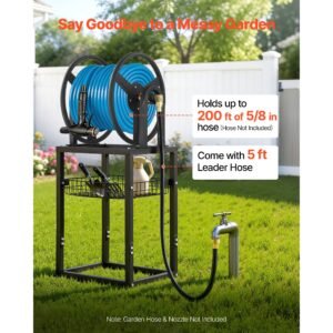 wall mounted garden hose reel, holds 200 feet of 5/8 inch hose, outdoor heavy duty waterhose holder winder, with brass connector, decorative pattern, bronze finish, for backyards and gardens