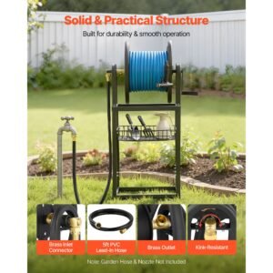 wall mounted garden hose reel, holds 200 feet of 5/8 inch hose, outdoor heavy duty waterhose holder winder, with brass connector, decorative pattern, bronze finish, for backyards and gardens