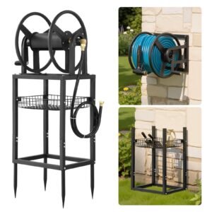 Wall Mounted Garden Hose Reel, Holds 200 Feet of 5/8-inch Hose, Outdoor Heavy-Duty Waterhose Holder Winder, with Brass Connector, Decorative Pattern, Bronze Finish, for Backyards and Gardens
