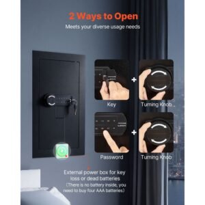 wall safe, 3 tier hidden wall mounted safe with password & key, q235 cold rolled steel in wall box with led lighting, 2 adjustable shelves & 5 key holders for money, jewelry, passport, black