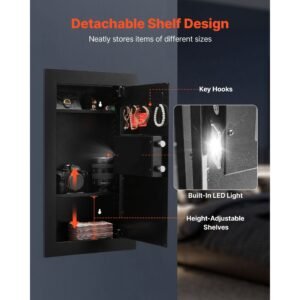 wall safe, 3 tier hidden wall mounted safe with password & key, q235 cold rolled steel in wall box with led lighting, 2 adjustable shelves & 5 key holders for money, jewelry, passport, black