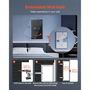 wall safe, 3 tier hidden wall mounted safe with password & key, q235 cold rolled steel in wall box with led lighting, 2 adjustable shelves & 5 key holders for money, jewelry, passport, black