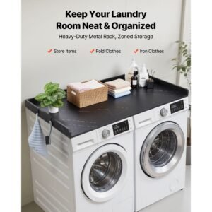 washer dryer countertop, 54 x 27.5 in marble washer and dryer topper with edge & 2 hooks, water resistant laundry machine topper for laundry closet pantry counter organization and storage, black