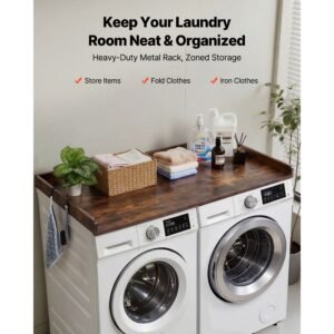 washer dryer countertop, 54 x 27.5 in wooden washer and dryer topper with edge & 2 hooks, water resistant laundry machine topper for laundry closet pantry counter organization and storage, brown