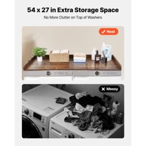 washer dryer countertop, 54 x 27.5 in wooden washer and dryer topper with edge & 2 hooks, water resistant laundry machine topper for laundry closet pantry counter organization and storage, brown